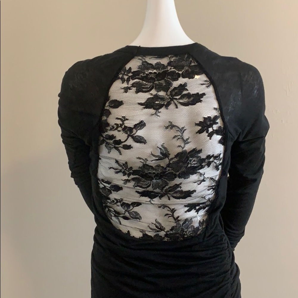 A.L.C. Black Ruched Long Sleeve Dress with Lace Cut-Out Back SM EC - Picture 7 of 15